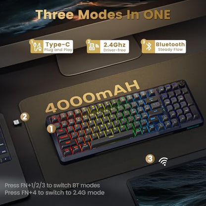 Redragon Wireless Mechanical Keyboard, 3 Mode Gasket Mounted RGB Gaming Keyboard with Volume Knob, Pre-Lubed Linear Switches, MDA-Profile, 98 Keys Hot Swappable Creamy Keyboard for PC/Tablet/Xbox/PS4 - color: Black Gray