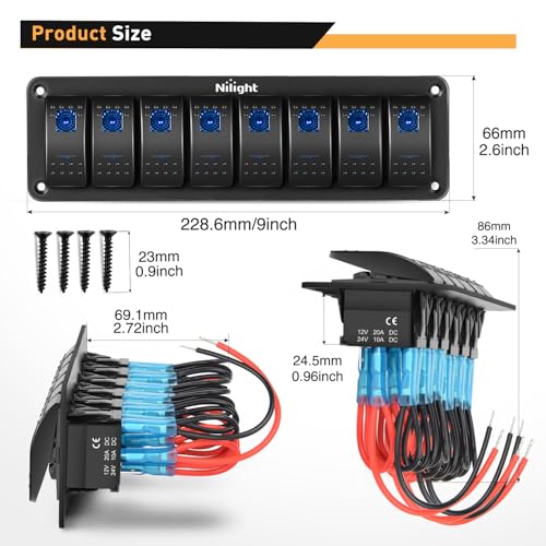 Nilight 8 Gang Rocker Switch Panel SPST On Off Toggle with DIY Label Sticker | 5PIN Electrical 12V/20A 24V/10A Aluminum Plate with Pre-Wired Jumper Wires for LED Light Bar RV Boats 4X4 Cars Blue - color: Blue, size: 8 Gang