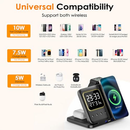 IHAO 5in1 Multi Functional Wireless Charger with Digital Clock 15W Fast Charge Night Light Temperature Display MagSafe Compliant for iPhone iWatch and Qi Headphone-DH13 Black - color: 5IN1 MagSafe Compliant DH13 Black