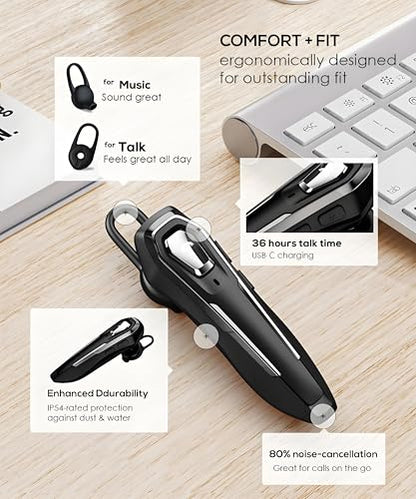 Single Ear Bluetooth Headset for Calls, Lightweight Wireless Earpiece | with Noise Canceling Microphone, 36Hrs Talk Time, Hands-Free Headset for Driving/Office, Crystal Clear Calls (Black)