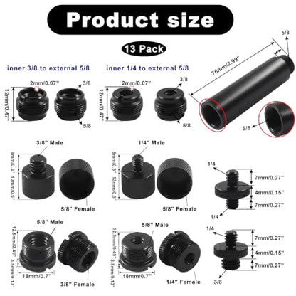 13 Pack Microphone Stand Adapter Set, Black Aluminum Alloy | 3/8 to 5/8 Threaded Screw Mount, 1/4 Threaded Screw for Mic Boom Arm/Camera Tripod/Projector Stand Arm/Fill Light - size: 1 Set 13 Pcs
