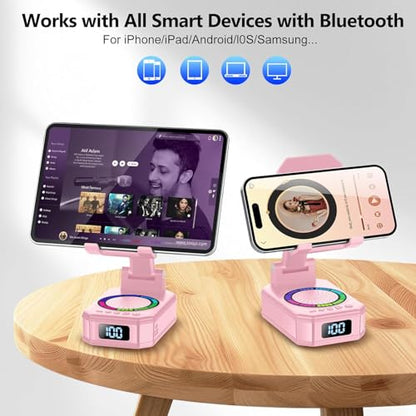 Gifts for Women, Phone Stand with Wireless Bluetooth Speaker and Anti-Slip Base, Gadgets for Anniversary Idea Gift, Phone Charger Stand with LED Lights, Kitchen Gadget Compatible with IOS Android - color: Light Pink