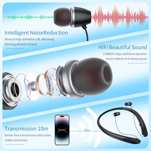 2026 Upgraded Bluetooth Headset - Wireless Neckband Bluetooth Headphones with Retractable Earbuds, Extended Battery Life, and Intuitive Controls for Sports, Office, and Travel (Black) - color: Black