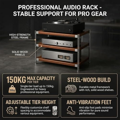 Audio Rack Tower with Adjustable Solid Wood Shelves, Metal Frame Media Rack, AV Media Stand for Stereo Components, Record Player, CD Player, Office, Living Room - size: 60x41x110cm/23.6x16.1x43.3in