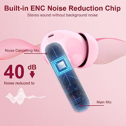 Btootos Wireless Earbuds Bluetooth 5.4 Headphones Bass Stereo Ear Buds with Noise Cancelling Mic LED Display in Ear Earphones IP7 Waterproof 36H Playtime for Laptop Pad Phones Sports Workout Pink | Ear Buds with Noise Cancelling Mic LED Display, 36H, IP7