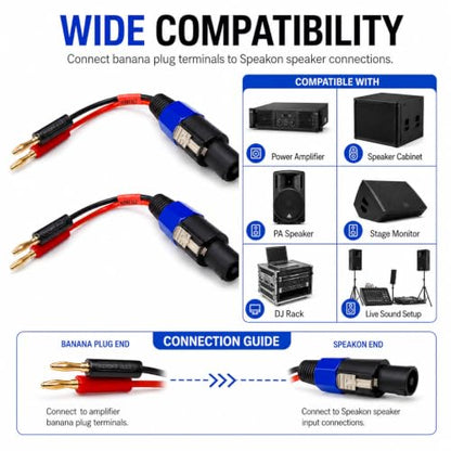 Speakon to Banana Plug Speaker Cables 2 Pack - 12AWG Gold Plated Professional Speaker Wire 6 Inch