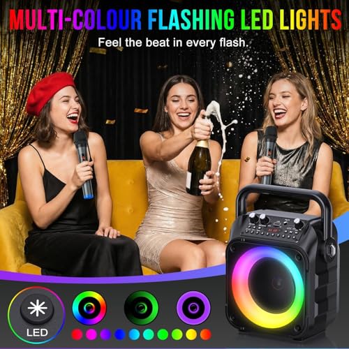 Karaoke Machine, Portable Bluetooth Speaker with 2 Wireless Mics for Adults & Kids with LED Lights, Bass/Treble Adjustment, PA System Supports USB/TF/FM/AUX/TWS for Party Home System Packages