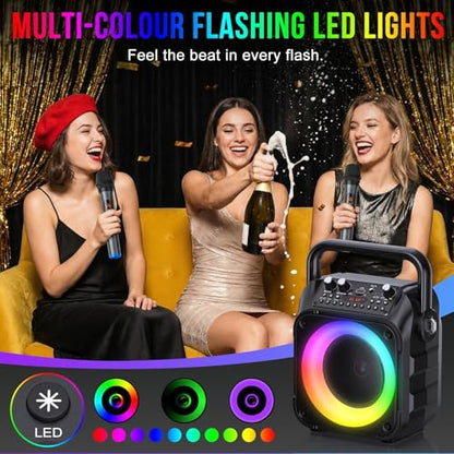 Karaoke Machine, Portable Bluetooth Speaker with 2 Wireless Mics for Adults & Kids with LED Lights, Bass/Treble Adjustment, PA System Supports USB/TF/FM/AUX/TWS for Party Home System Packages