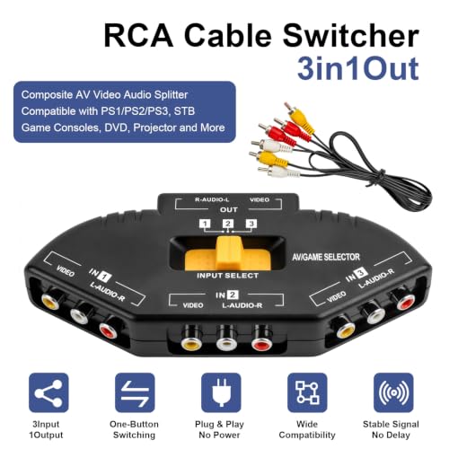 RCA Cable Switcher 3 in 1 Out -Composite AV Video Audio Splliter Compatible with PS1/PS2/PS3, STB Game Consoles, DVD, Projector and More