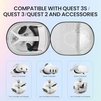 sarlar JGZ Hard Carrying Case for Meta Quest 3/Quest 3S/Oculus Quest 2, Accessories VR Headset with Original Strap, Controllers, Unique Design, Lens Cover, Portable Protection for Travel and Stroage
