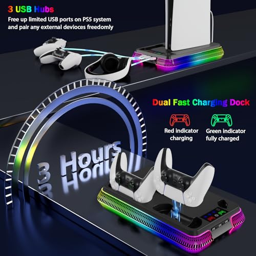 PS5 Stand for PlayStation 5 Console, PS5 Cooling Station & Charging Station with RGB, PS5/Slim/Pro Controller Charger Incl.3 Level Fan,Headset, PS5/Slim/Pro Accessories Comes 3 USB Ports - color: Piano-Black