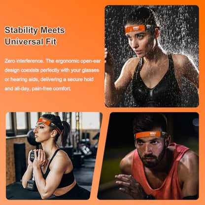 Headband Headphones & Open-Ear Headband with HD External Speakers, Bluetooth Sport Headphones for Running, Walking, Fitness, Breathable Sweat-Wicking Band with LED Headlamp, 12H Playtime, Orange
