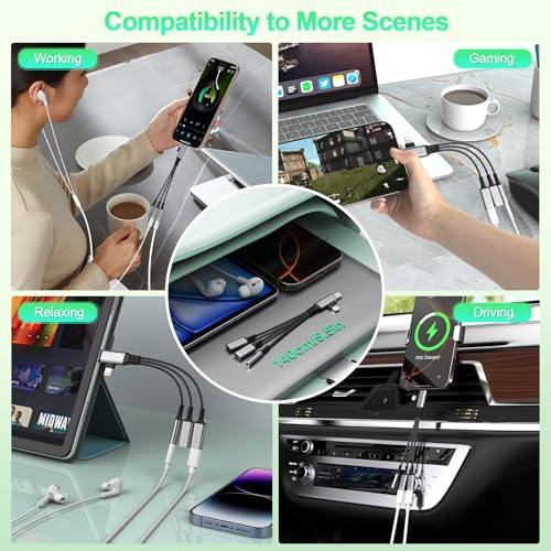 3-in-2 USB C/Lightning to 3.5mm Audio Jack Headphone+USB C Earphone Jack+Type-C Charger Splitter,Apple Aux Adapter for iPhone 16 15 14 13 12 XR/XS/Pro Max/Plus,iPad Pro/Air,Samsung Galaxy S24—Silver