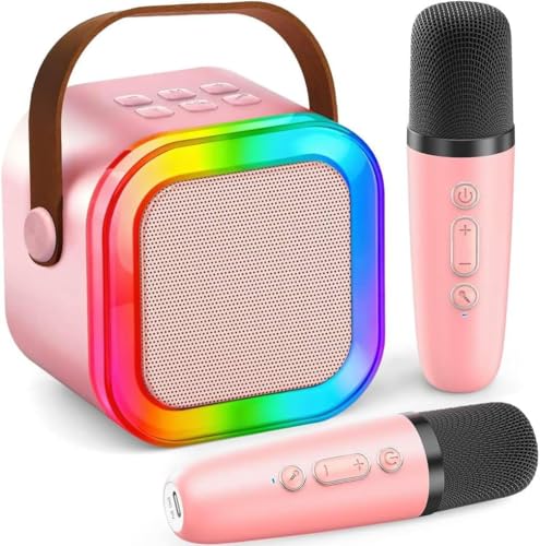 Karaoke Machine for Kids Adults, Portable Mini Bluetooth Speaker with 2 Wireless Microphones, LED Lights, Singing System for Family Home Party, Voice Changer, Boys Girls Karaoke Machine with Speaker - color: Pink