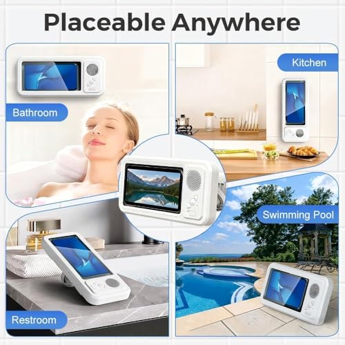 Shower Phone Holder with Wireless Bluetooth Speaker, 2026 New Waterproof Shower Phone Case for Any Phone, Wall Mounted Phoneholder for Bathroom Mirror (Black) - color: Black