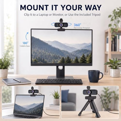 1080P Webcam for PC & Laptop with Microphone — Stay Connected | Plug and Play No Driver, Crystal Clear Video Auto Lighting, Privacy Physically Protected, Mount It Anywhere in Seconds - color: Black