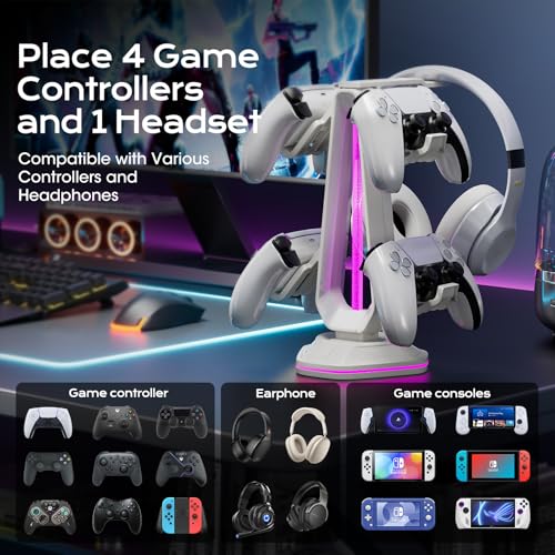 Saitake RGB Controller Stand with 9 Light Modes,Controller Holder with 2 USB Ports,Headphone Holder Suitable for All Headphones and Controller (White) - color: White