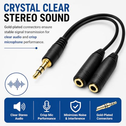 Master Cables 3.5mm Stereo Jack Headphone & Microphone Splitter Cable, 20cm, 1 Female to 2 Male AUX Adapter, Gold Plated, Audio Cable for PC, Laptop, Gaming Headsets
