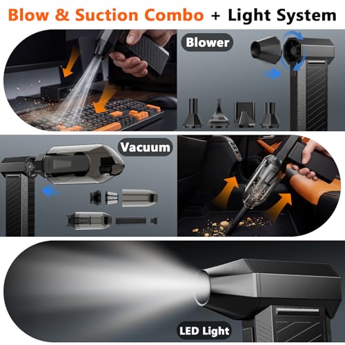 Preciva 2-in-1 Compressed Air Duster, 180,000 RPM High-Speed Turbo Electric Duster & Vacuum with 3-Second Deep Cleaning, Rechargeable Battery, 6 Attachments and LED Light for Keyboard, PC, Car, Home