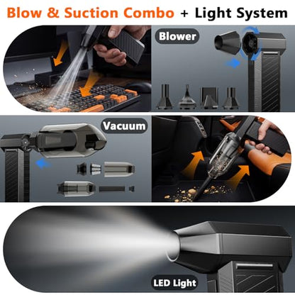 Preciva 2-in-1 Compressed Air Duster, 180,000 RPM High-Speed Turbo Electric Duster & Vacuum with 3-Second Deep Cleaning, Rechargeable Battery, 6 Attachments and LED Light for Keyboard, PC, Car, Home