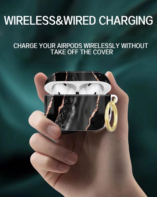Compatible with AirPod Pro 2nd//1st Generation Case Cover with Key Chain,Full Protective Shockproof Wireless Headphone Case for Airpod Pro 2023/2022/2019(Black Rose Gold Marble) - color: Black Rose Gold Marble
