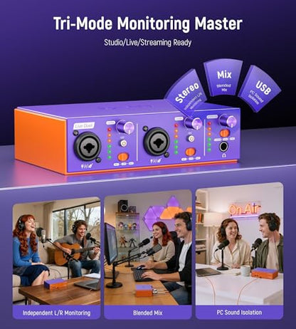 USB C Audio Interface for Recording Music, Streaming, Podcasting with Dual XLR, Line Input, 24bit/48kHz, 48V Phantom Power, 2-channel, Purple