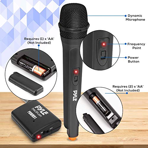 Portable VHF Wireless Microphone System - Professional Battery Operated Handheld Dynamic Unidirectional Cordless Microphone Transmitter Set w/Adapter Receiver, for PA Karaoke DJ Party - Pyle PDWM91.5