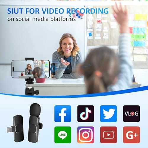 Wireless Lavalier Microphone for iPhone, ipad, Lapel Microphone for Video Recording, Clip on Wireless mic for Podcast, Interview, YouTube, Vlog, Tiktok, Live Streaming (2 Mics - Lightning, Black)