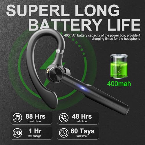 Bluetooth 5.3 Headset, 60Hrs Single Ear Earpiece with Mic | LED Charging Case, Noise Cancelling Mic, Hands-Free Calls for Business, Driving & Meetings