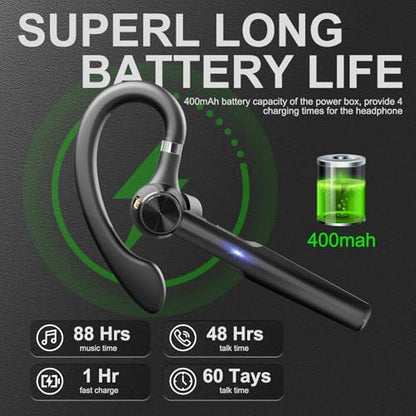 Bluetooth 5.3 Headset, 60Hrs Single Ear Earpiece with Mic | LED Charging Case, Noise Cancelling Mic, Hands-Free Calls for Business, Driving & Meetings