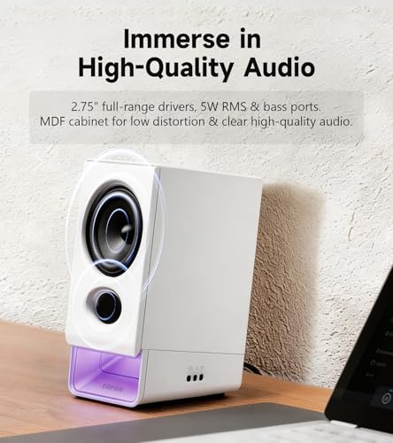 Edifier R20BT Computer Speakers, Touch Controls, AUX & USB-C Inputs, White | 2.75" Full-Range Drivers, Bluetooth 6.0, Headphone Jack, Custom Ambient Light & Sound Profiles via APP - color: White