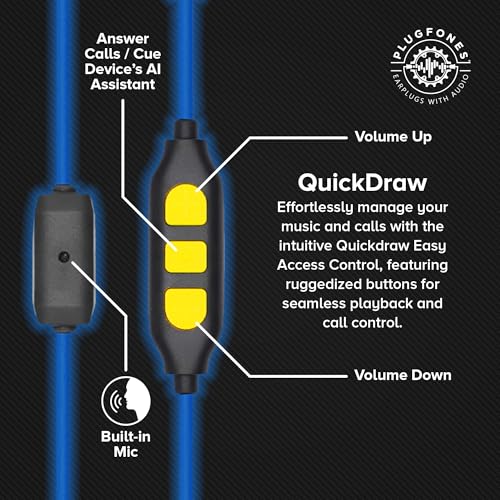 Plugfones Guardian Plus Wired Earplug Headphones for Work, Mic & Controls - color: Blue/Yellow