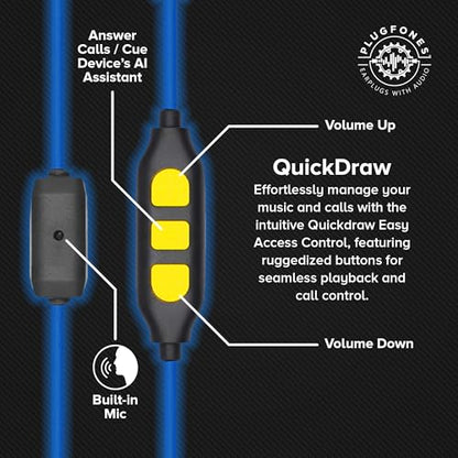 Plugfones Guardian Plus Wired Earplug Headphones for Work, Mic & Controls - color: Blue/Yellow