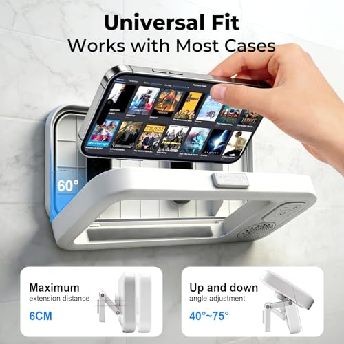Shower Phone Holder with Wireless Bluetooth Speaker, 360° Rotating Bathroom Phone Mount with Speaker, 2026 New Waterproof Shower Phone Case for Any Phone, Fits Most Smartphones (White)