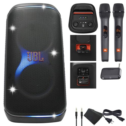 JBL PartyBox Club 120-160W Portable Wireless Splash Proof Speaker - 12 Hours of Playtime - Powerful Sound and deep bass + Wireless Two Microphone System with Receiver + AUX Cable + Microfiber Cloth - color: Black, style: Bundle w/ Mics