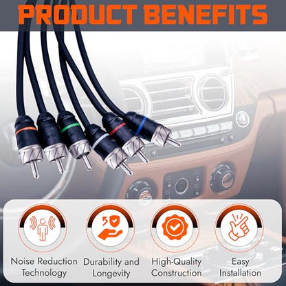 Premium Series 17ft. 6-Channel Car Audio RCA Cable – Double Shielded, Oxygen Free Copper, Noise Reducing Audio Cable for Amplifiers, Subwoofers, Speakers, and Processors – PRM617 - size: 17' (ft), style: 6-Channel
