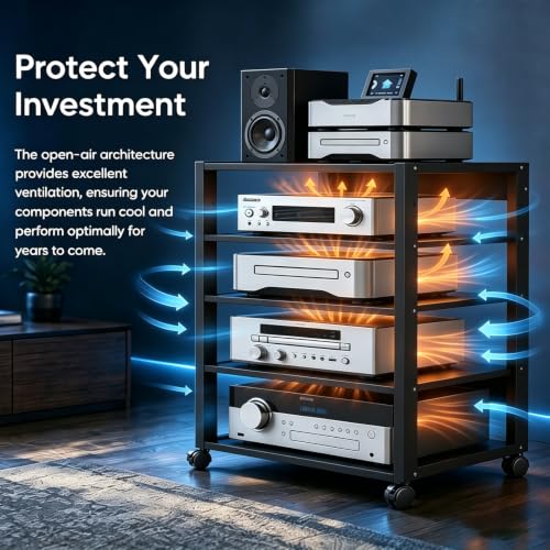 5 Tier Audio Rack Tower, CD Record Player Stereo Receiver AV Equipment Cabinet Display Rack, Weight Capacity 661 lbs, with Adjustable Wooden Shelves for Home (5 Tier Black) - size: 5 Tier Black