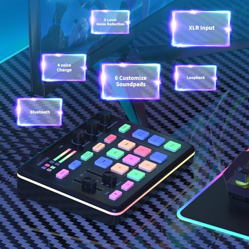 Gaming Audio Mixer for PC, Audio Interface Sound Board w/RGB Effect, Support Bluetooth, XLR/TRS Microphone, 48V Phantom Power, Voice Changer Live Streaming, Podcasting, Content Create(Not for USB Mic)