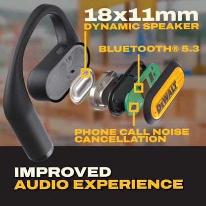 DEWALT Heavy Duty Open Ear Headphones, Bluetooth 5.3 Wireless Earbuds IP55, 44Hrs Runtime, Jobsite Premium Sound True Wireless Air Conduction Open Ear Earbuds with Earhooks for Worksites and Workouts