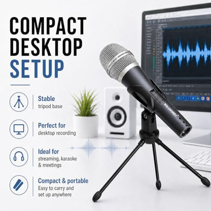Professional Dynamic Microphone - Handheld Wired Microphone for Singing, for Speakers, Karaoke Machines, amplifiers, Mixers, with 14 Foot XLR to 1/4 inch Audio Cable and Desktop Stand Set
