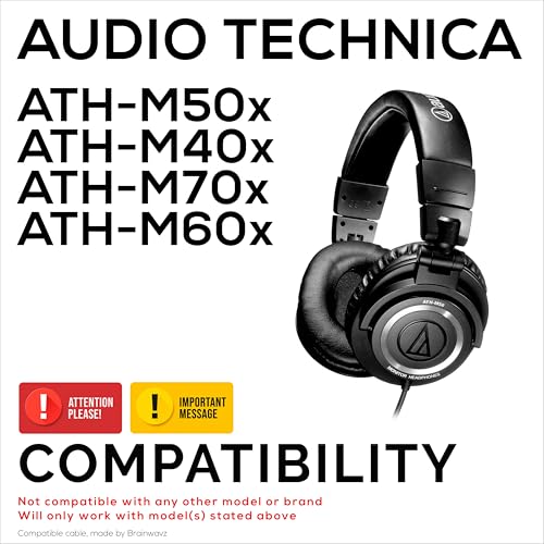 BRAINWAVZ Coiled Replacement Audio Cable Compatible with Audio-Technica ATH-M50x M40x M70x M60x – 2.5mm to 3.5mm Gold-Plated Jacks with 6.5mm Adapter Rubber Coated Extendable 1.2m/47”–3.5m/138