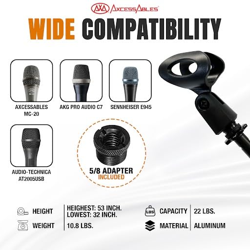 AxcessAbles One-Handed Quick Release Microphone Stand. 74" Height Clutch Adjustment Tripod Mic Stand with 35" Boom Arm. For Singing, Studio and Instruments (1-Pack) - size: 1-Pack