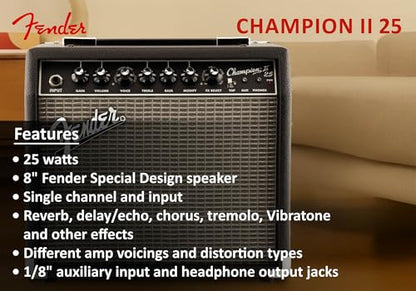 Fender Champion II 25-Watt Guitar Combo Amplifier Bundle with Instrument Cable, Picks, and Austin Bazaar Instructional Video