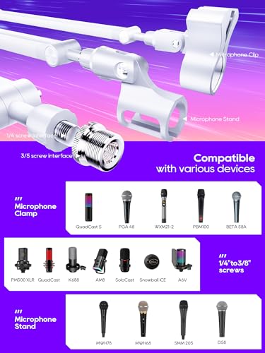 Low Profile Mic Arm, 360° Rotatable Microphone Boom Arm Mic Stand for Fifine AM8 K669B Blue Yeti HyperX shure sm7b SoloCast AT2020, with Mic Clip 3/8" to 5/8", White - color: White (M05 pro)