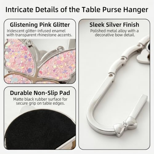 Chedin Pink Butterfly Under Desk Bag Hook,Adjustable Table Side Hanger