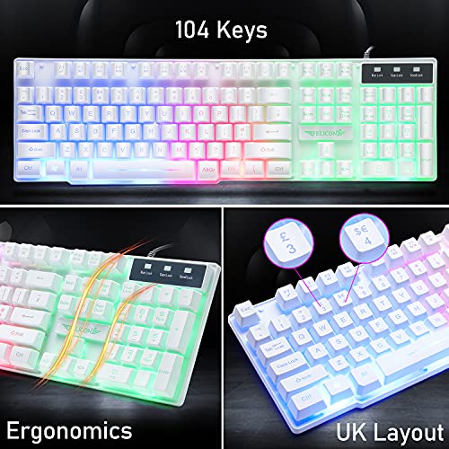 Wired Gaming Keyboard and Mouse Headset Combo,Rainbow LED Backlit Wired Keyboard,Over Ear Headphone with Mic,Rainbow Backlit Gaming Mice,Mouse Pad,for PC,Laptop,Mac,PS4,Xbox(White) - color: White