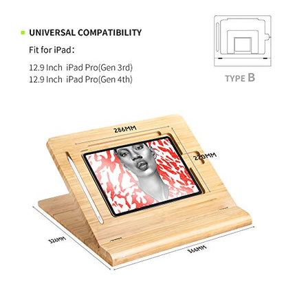 Tablet Desktop Stand Height Adjustable,Foldable Bamboo Drawing Ipad Holder,Multi-Angle Portable Stand Organizer,Compatible with 12.9 inch ipad pro 3rd/4th Gen - size: B