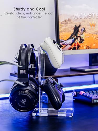 OAPRIRE Headset and Controller Stand, Space-Saving 2 Tier Game Controller Holder, Acrylic Controller and Headset Stand for Desktop, Universal Design Compatible with PS5/PS4/Xbox/Switch (Crystal Clear) - color: Clear, size: 2 Tier-without lights