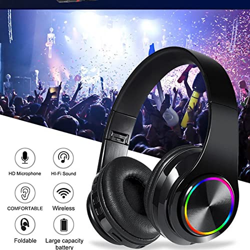 Wireless Bluetooth Headphones with Colorful LED Lights, Black | HiFi Stereo Sound,Light Weight,Foldable,Colorful Backlit,Rechageable,Over Ear Headset for PC/Travel/Class/Office/Kids/Adult - color: Black 2