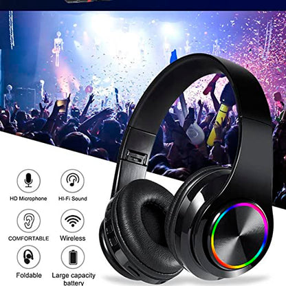 Wireless Bluetooth Headphones with Colorful LED Lights, Black | HiFi Stereo Sound,Light Weight,Foldable,Colorful Backlit,Rechageable,Over Ear Headset for PC/Travel/Class/Office/Kids/Adult - color: Black 2